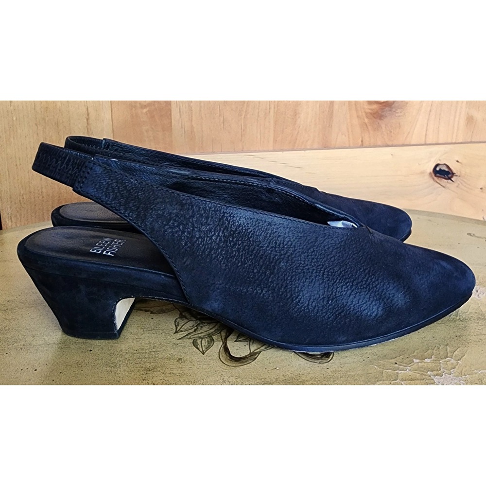 Eileen Fisher Sz 7.5 Black Leather Slingback Kitten Block Heel Pointed Toe Pumps